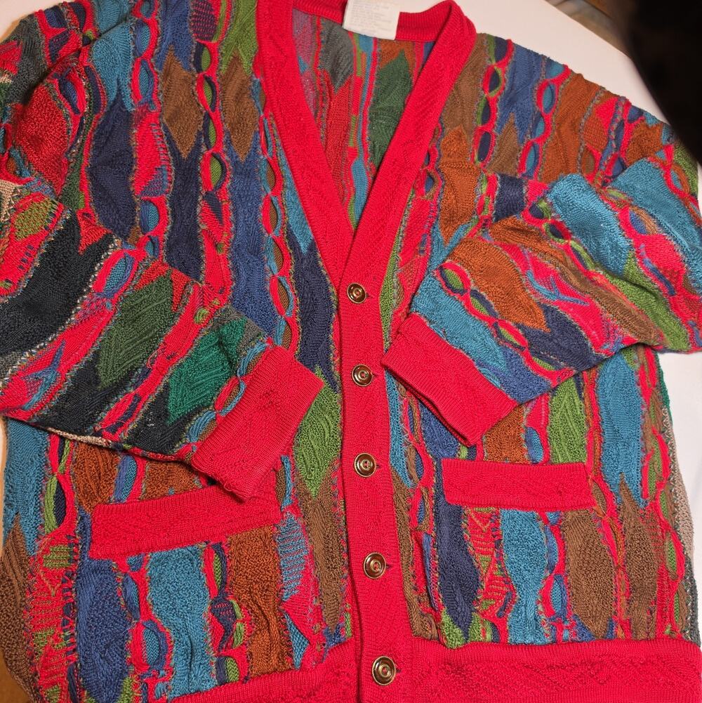 VTG COOGI Australia 3D Knit Cardigan Sweater Mercerized Cotton Multicolor Red M